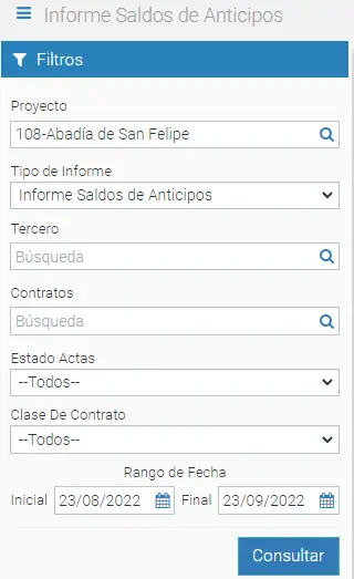 Panel de Saldos de anticipos — filtros