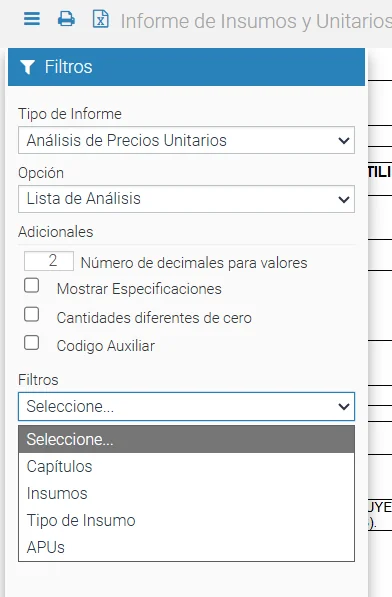 Panel de Filtros de Informes de insumos