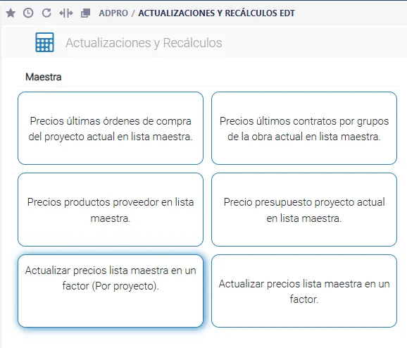 Actualización y Recálculo — pantalla general