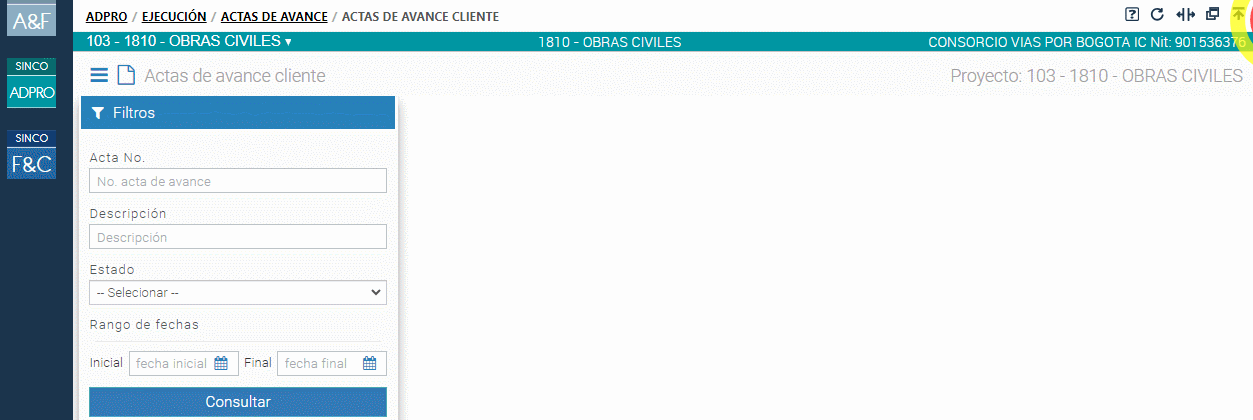 Actas de avance cliente — consulta con filtros y creación de un acta