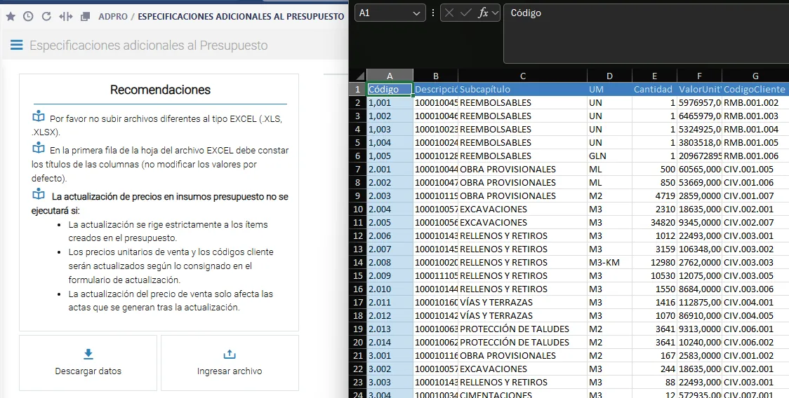 Migración desde Excel — pantalla general