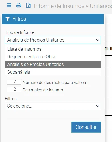 Panel de Opciones de Informes de insumos