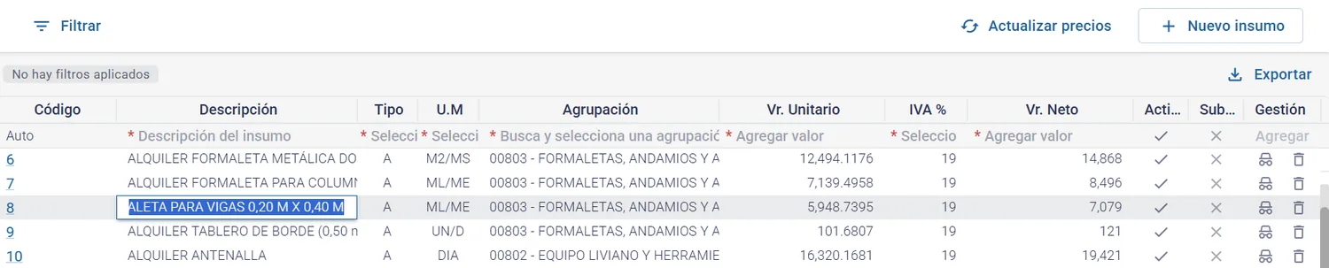 Modificación de insumos en el Maestro