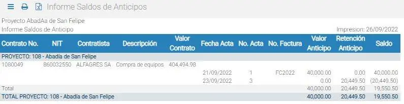 Vista del informe de Saldos de anticipos