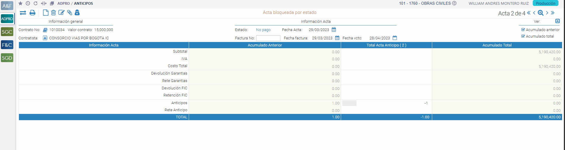 Anticipos - Crear Acta